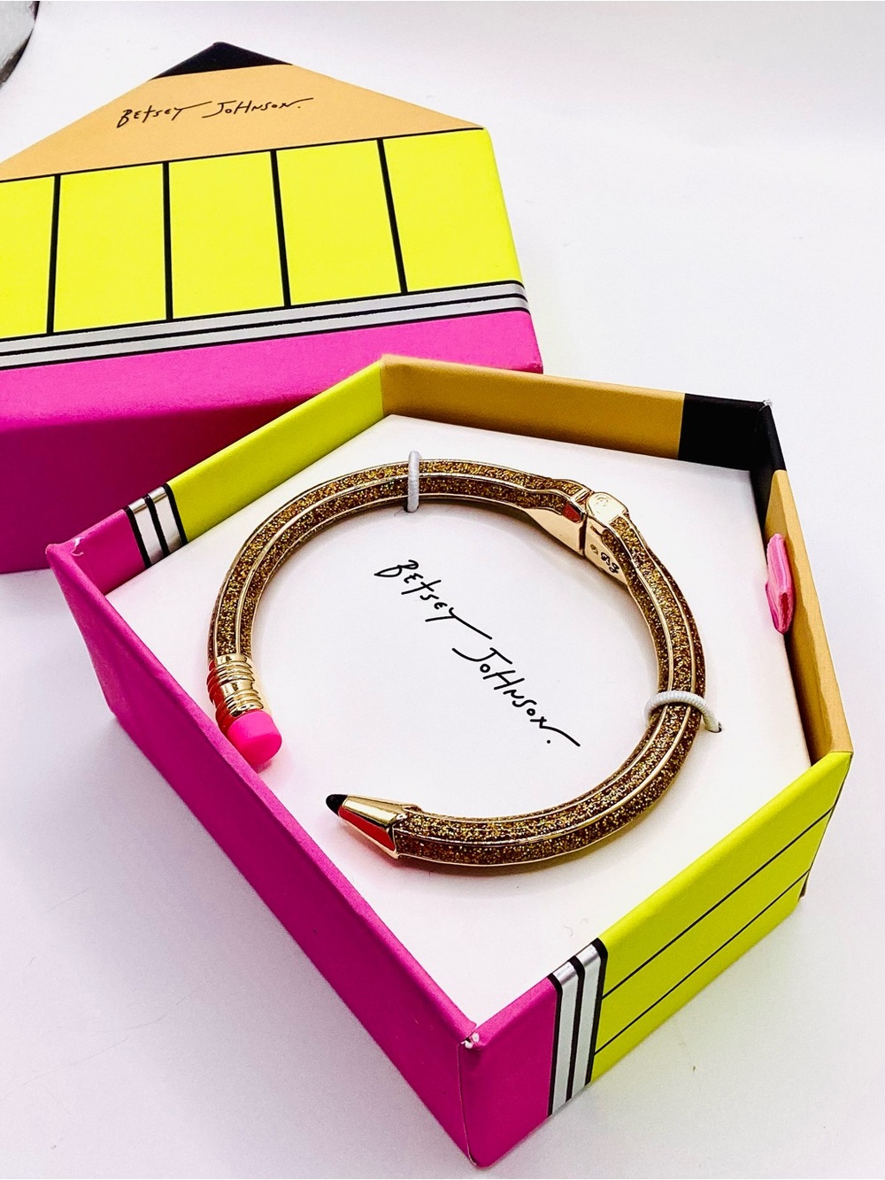 Betsey Johnson Gold Glitter Pencil Bangle with Pink and Black Tips